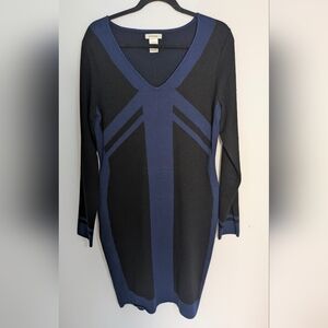 Max Studio Womens Mini Rayon Knit Dress Blue Black Striped Fitted Bodycon Sz L